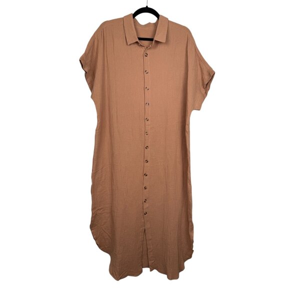 Dresses & Skirts - Tan Button Up Maxi Short Sleeve Shirt Dress w/ Collar - Extra Large